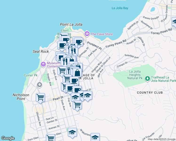 map of restaurants, bars, coffee shops, grocery stores, and more near 1249 Bluebird Lane in San Diego
