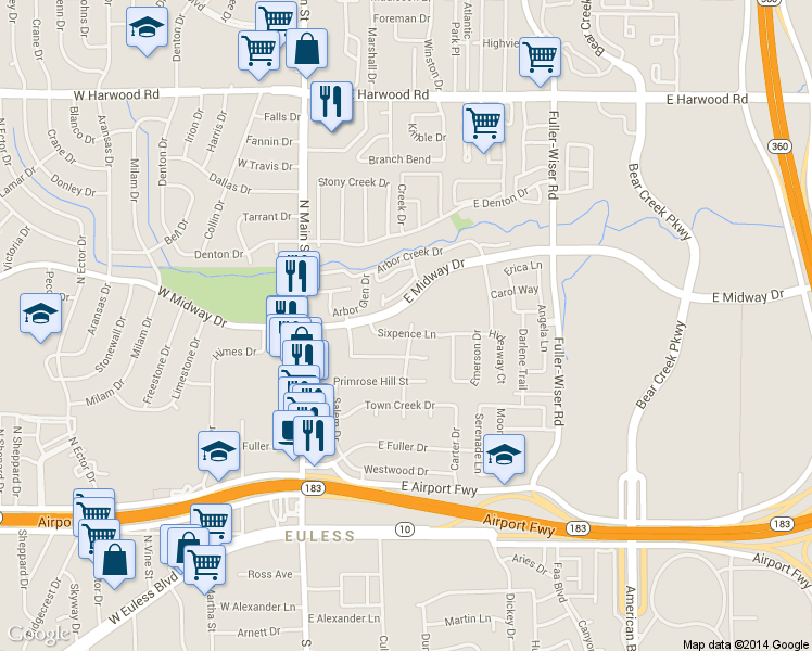 map of restaurants, bars, coffee shops, grocery stores, and more near 305 Sixpence Lane in Euless