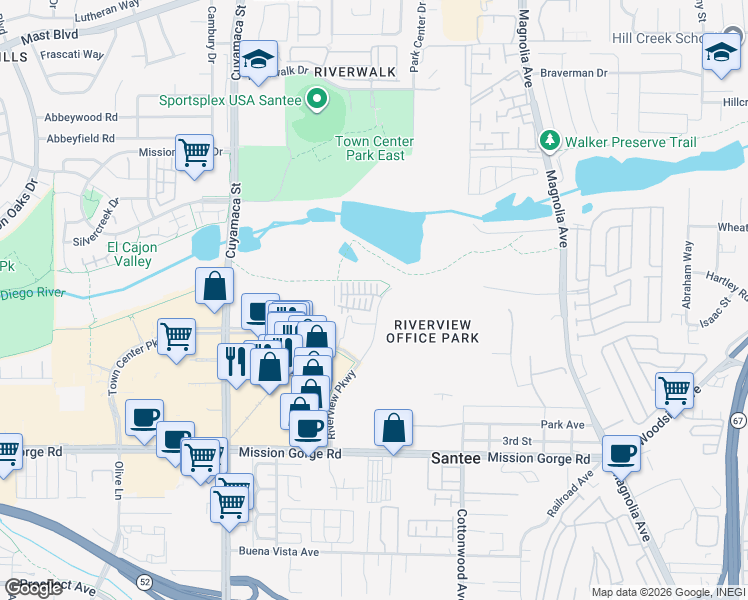 map of restaurants, bars, coffee shops, grocery stores, and more near 320 Lagoon Way in Santee