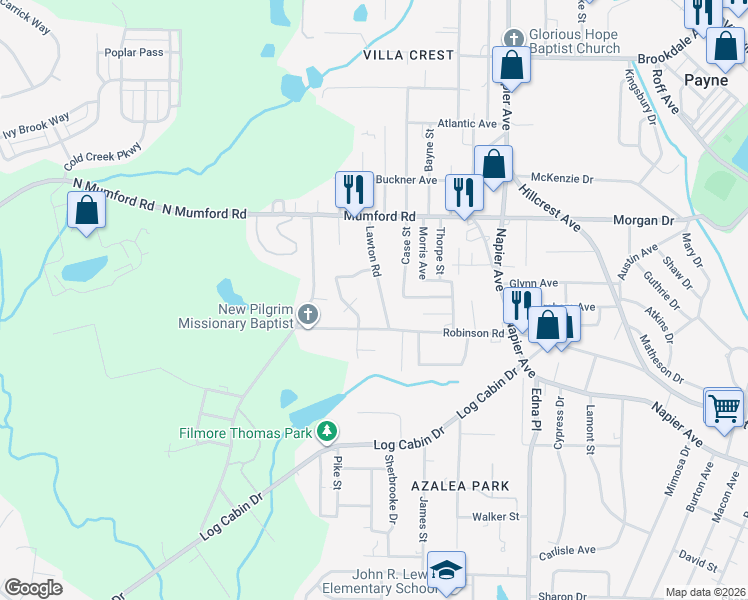 map of restaurants, bars, coffee shops, grocery stores, and more near 4270 Robinson Court in Macon
