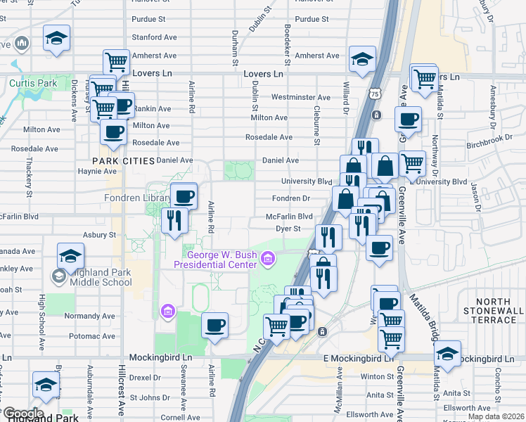 map of restaurants, bars, coffee shops, grocery stores, and more near 2936 McFarlin Boulevard in Dallas