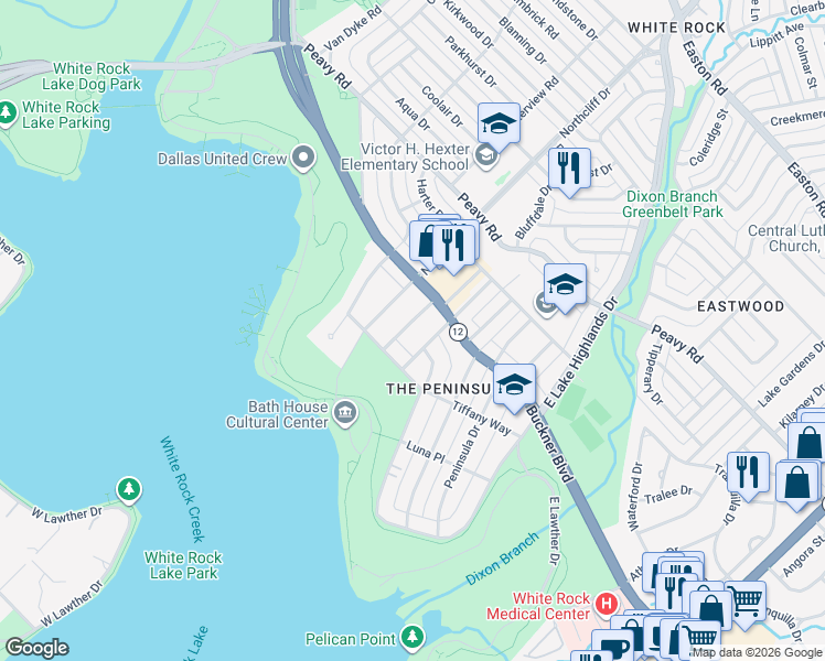 map of restaurants, bars, coffee shops, grocery stores, and more near 9428 Hobart Street in Dallas