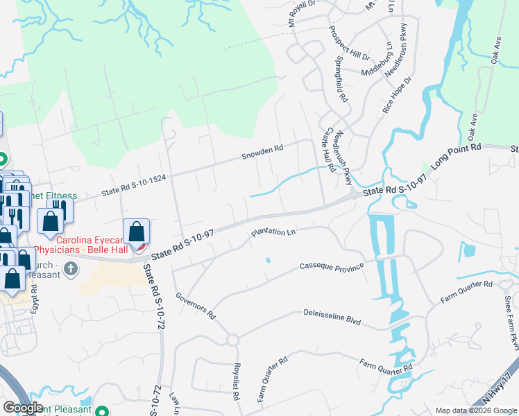 map of restaurants, bars, coffee shops, grocery stores, and more near 915 Long Point Road in Mount Pleasant