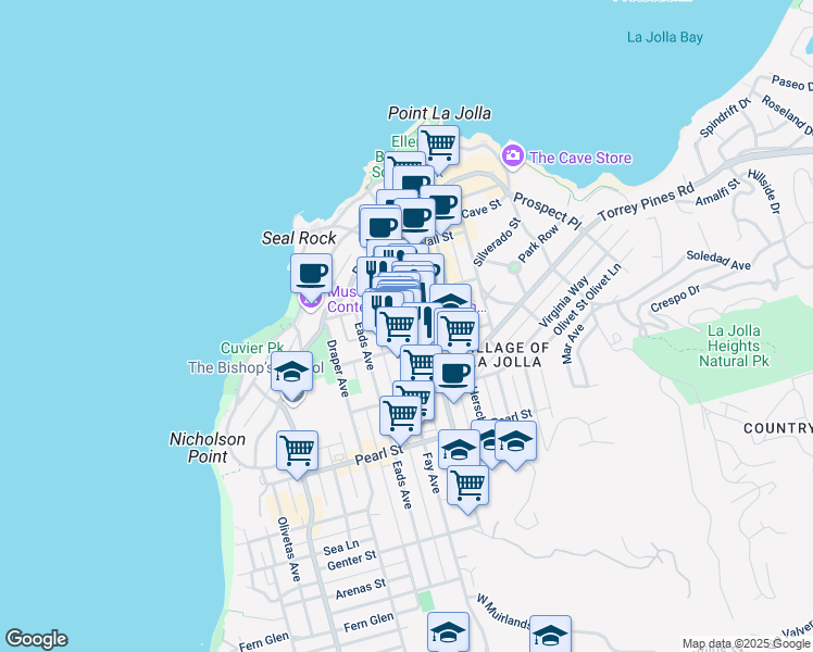 map of restaurants, bars, coffee shops, grocery stores, and more near 7733 Fay Avenue in San Diego