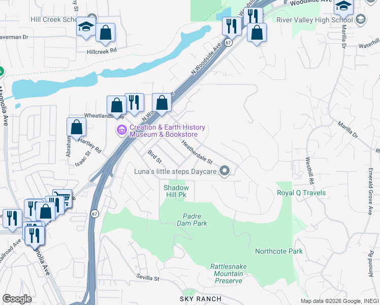 map of restaurants, bars, coffee shops, grocery stores, and more near 9158 Heatherdale Street in Santee