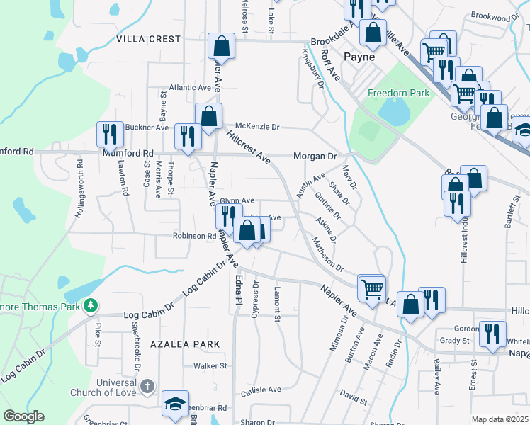map of restaurants, bars, coffee shops, grocery stores, and more near 3435 Habersham Avenue in Macon