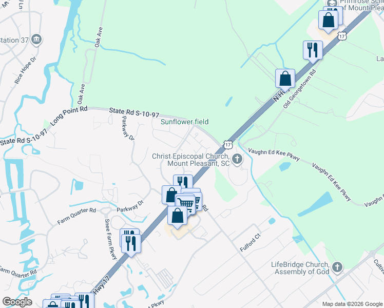 map of restaurants, bars, coffee shops, grocery stores, and more near 1124 Daffodil Lane in Mount Pleasant