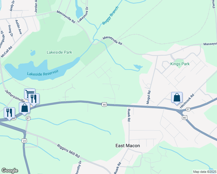 map of restaurants, bars, coffee shops, grocery stores, and more near 3378 Goodwin Lane in Macon