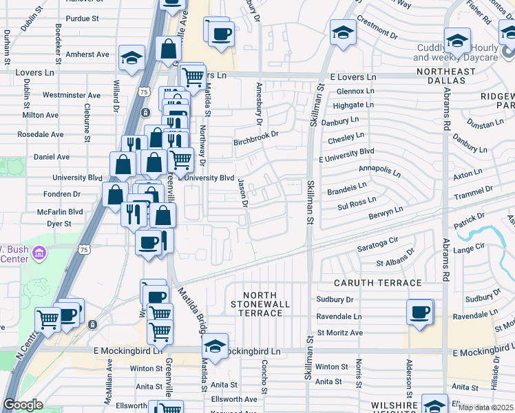 map of restaurants, bars, coffee shops, grocery stores, and more near 5928 Sandhurst Lane in Dallas