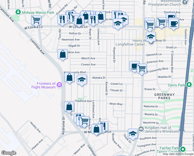 map of restaurants, bars, coffee shops, grocery stores, and more near 3333 West Mockingbird Lane in Dallas