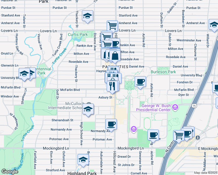 map of restaurants, bars, coffee shops, grocery stores, and more near 3412 McFarlin Boulevard in Dallas