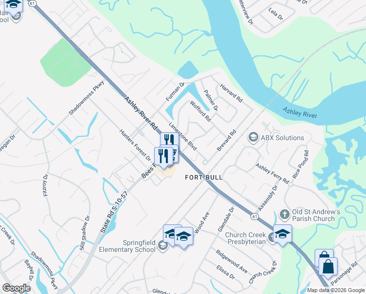 map of restaurants, bars, coffee shops, grocery stores, and more near 2301 North Lander Lane in Charleston