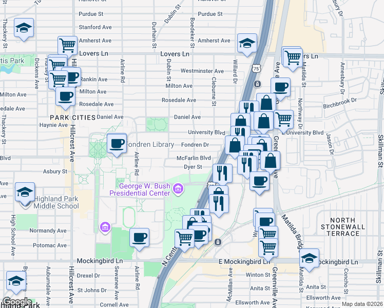 map of restaurants, bars, coffee shops, grocery stores, and more near 2900 McFarlin Boulevard in Dallas