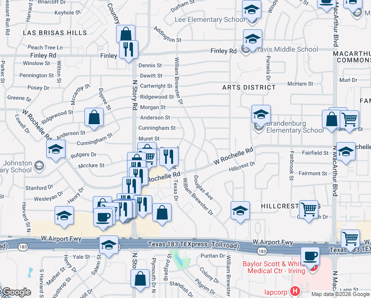 map of restaurants, bars, coffee shops, grocery stores, and more near 2813 William Brewster Drive in Irving