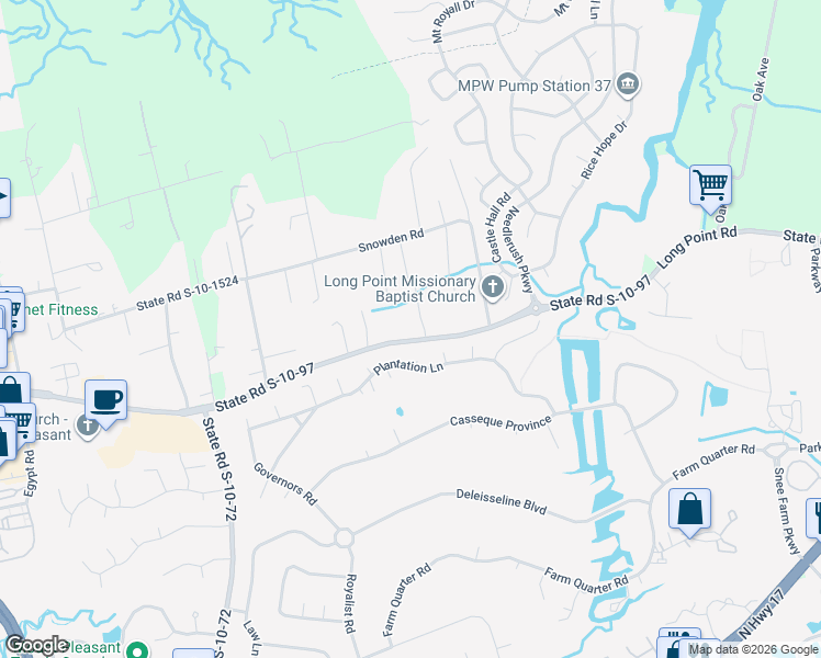 map of restaurants, bars, coffee shops, grocery stores, and more near 945 Long Point Road in Mount Pleasant