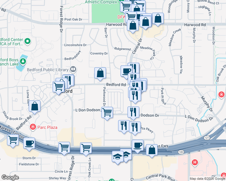 map of restaurants, bars, coffee shops, grocery stores, and more near 2313 Bedford Circle in Bedford