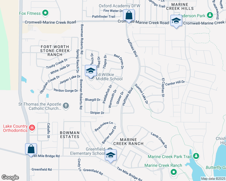 map of restaurants, bars, coffee shops, grocery stores, and more near 6053 Warmouth Drive in Fort Worth