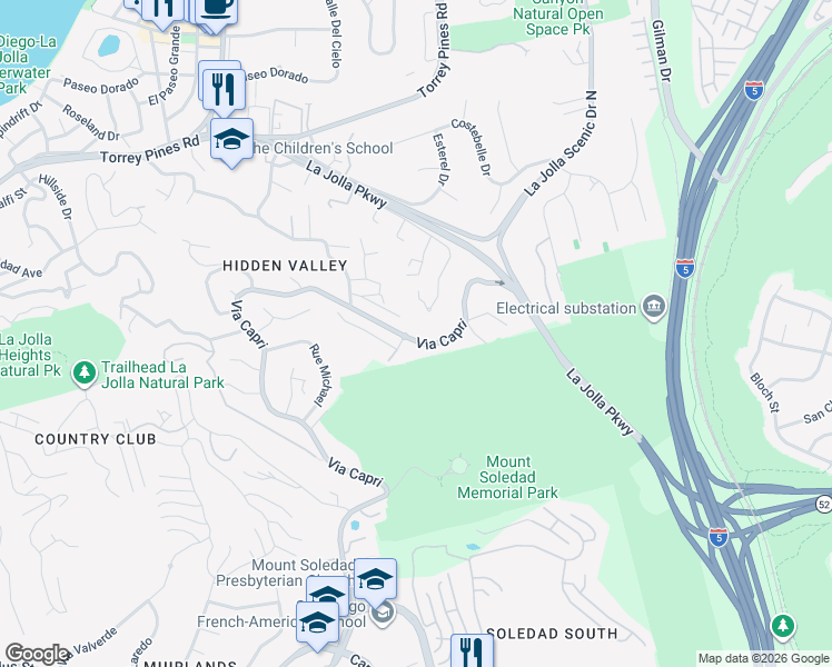 map of restaurants, bars, coffee shops, grocery stores, and more near 7830 Via Capri in San Diego
