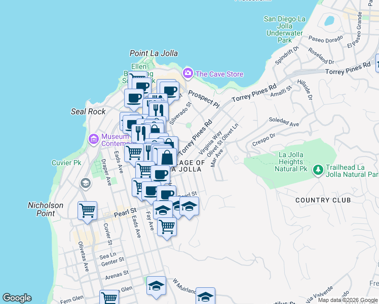 map of restaurants, bars, coffee shops, grocery stores, and more near 1249 Bluebird Lane in San Diego