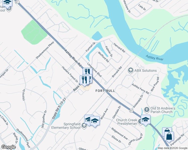 map of restaurants, bars, coffee shops, grocery stores, and more near 2301 North Lander Lane in Charleston