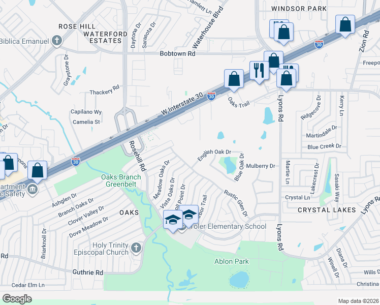 map of restaurants, bars, coffee shops, grocery stores, and more near 5940 Rustic Glen Drive in Garland
