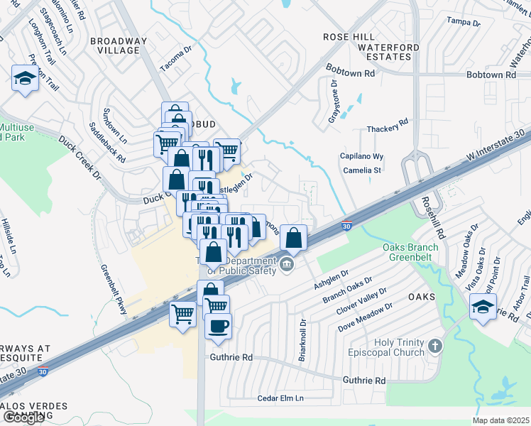 map of restaurants, bars, coffee shops, grocery stores, and more near 617 Broadway Commons in Garland