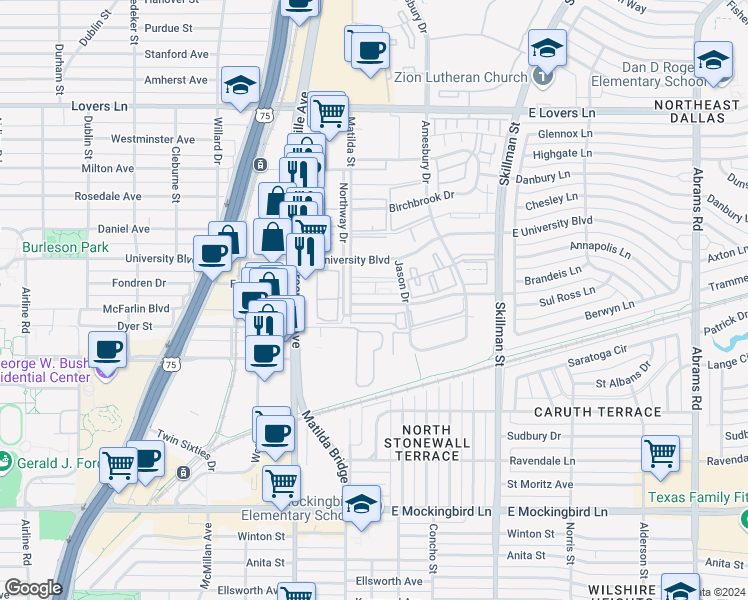 map of restaurants, bars, coffee shops, grocery stores, and more near 5832 Sandhurst Lane in Dallas