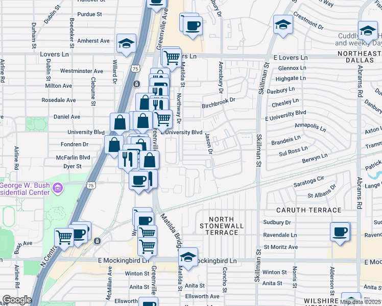 map of restaurants, bars, coffee shops, grocery stores, and more near 5832 Sandhurst Lane in Dallas