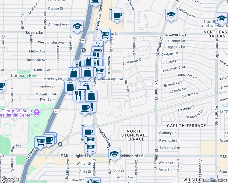 map of restaurants, bars, coffee shops, grocery stores, and more near 5802 Sandhurst Lane in Dallas