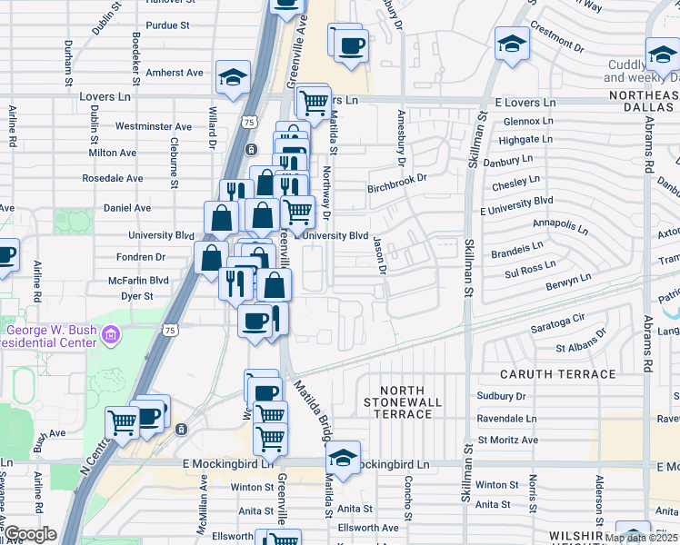 map of restaurants, bars, coffee shops, grocery stores, and more near 5802 Sandhurst Lane in Dallas