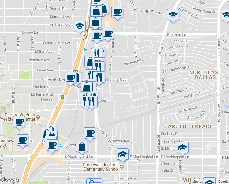 map of restaurants, bars, coffee shops, grocery stores, and more near 5802 Sandhurst Lane in Dallas