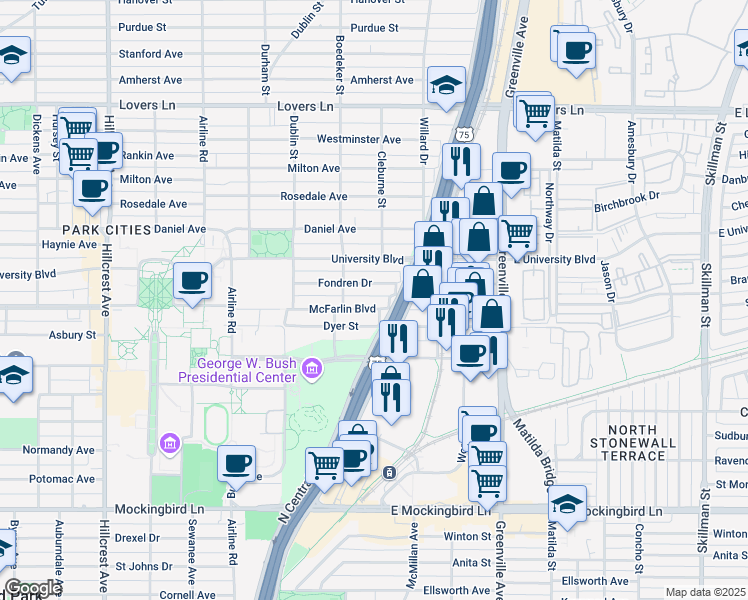 map of restaurants, bars, coffee shops, grocery stores, and more near 2820 McFarlin Blvd in Dallas