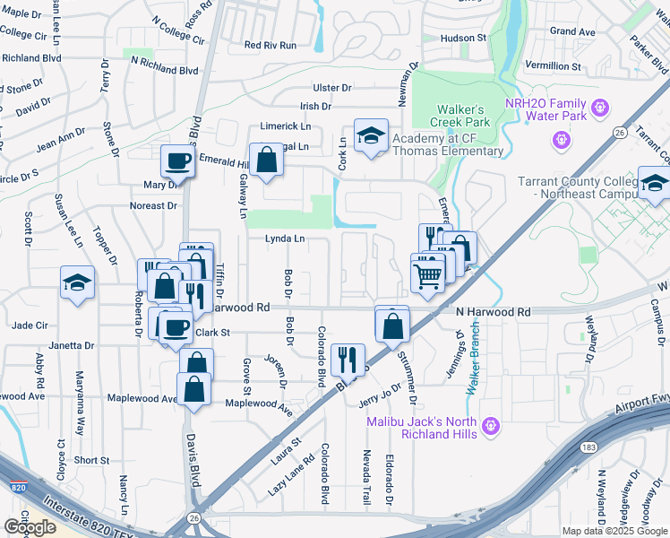 map of restaurants, bars, coffee shops, grocery stores, and more near 5325 Colorado Boulevard in Fort Worth