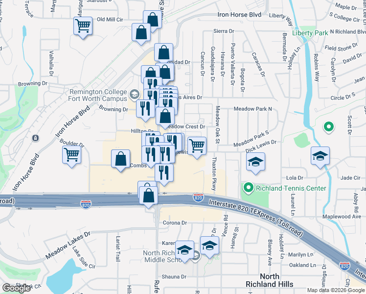 map of restaurants, bars, coffee shops, grocery stores, and more near 6800 Dick Lewis Drive in North Richland Hills