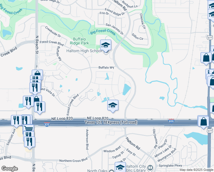 map of restaurants, bars, coffee shops, grocery stores, and more near 4740 Bluffview Drive in Haltom City