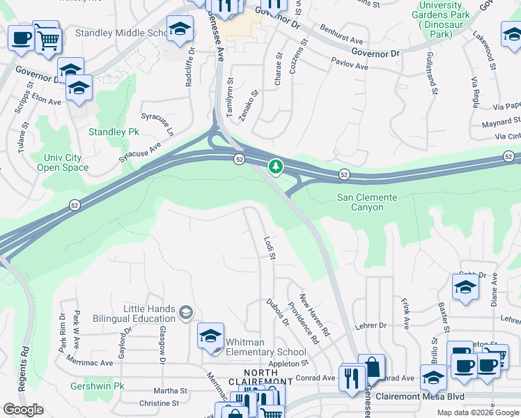 map of restaurants, bars, coffee shops, grocery stores, and more near 5433 Lodi Street in San Diego