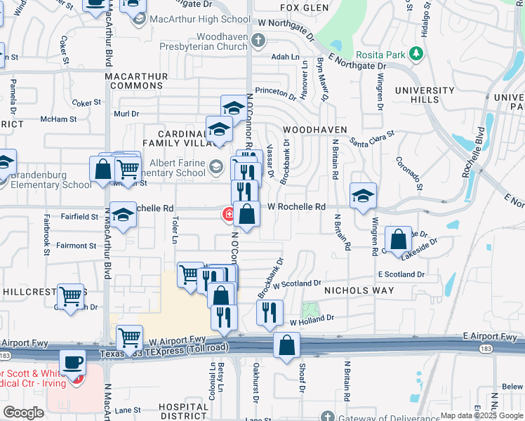 map of restaurants, bars, coffee shops, grocery stores, and more near 326 West Rochelle Road in Irving