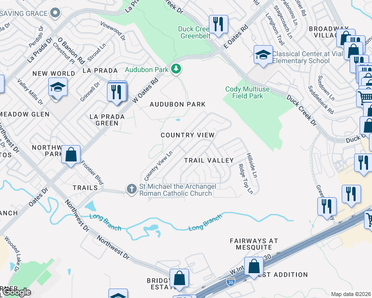 map of restaurants, bars, coffee shops, grocery stores, and more near 526 Country View Lane in Garland