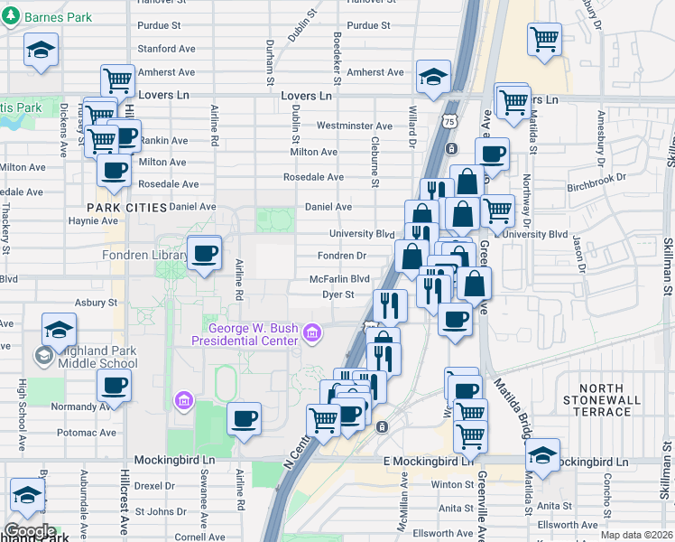 map of restaurants, bars, coffee shops, grocery stores, and more near 2900 McFarlin Boulevard in Dallas