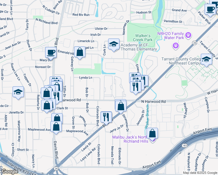 map of restaurants, bars, coffee shops, grocery stores, and more near 8355 North Harwood Road in North Richland Hills