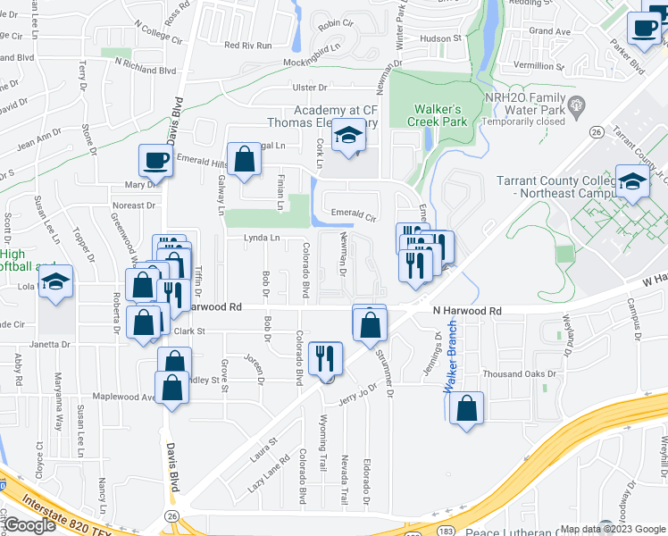 map of restaurants, bars, coffee shops, grocery stores, and more near 8355 North Harwood Road in North Richland Hills