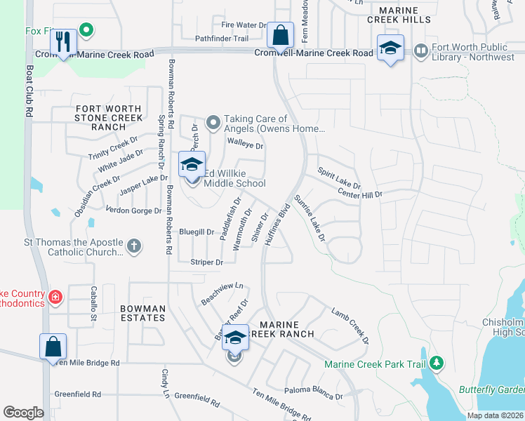 map of restaurants, bars, coffee shops, grocery stores, and more near 6000 Texas Shiner Drive in Fort Worth