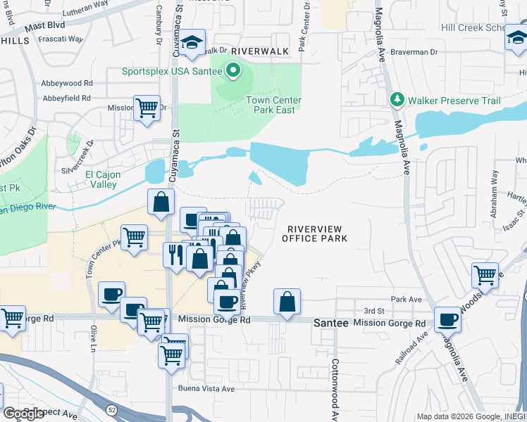 map of restaurants, bars, coffee shops, grocery stores, and more near 320 Lagoon Way in Santee