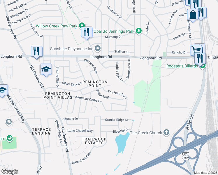 map of restaurants, bars, coffee shops, grocery stores, and more near 817 Jockey Club Lane in Fort Worth