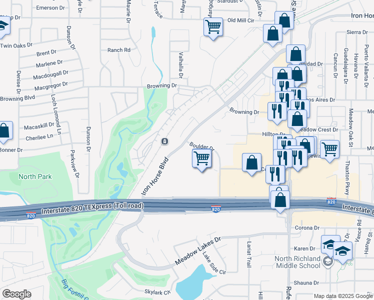 map of restaurants, bars, coffee shops, grocery stores, and more near 6390 Industrial Park Boulevard in Fort Worth