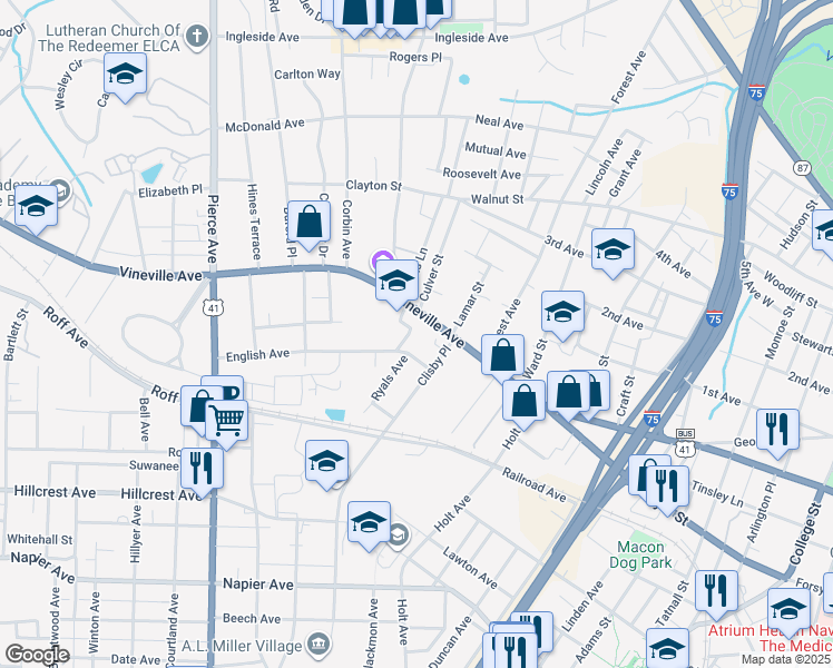 map of restaurants, bars, coffee shops, grocery stores, and more near 2180 Vineville Avenue in Macon