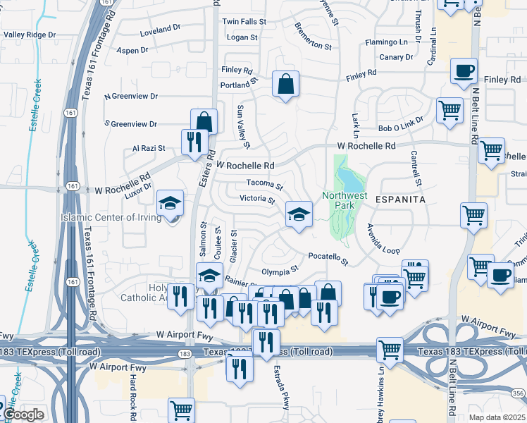 map of restaurants, bars, coffee shops, grocery stores, and more near 2613 Laramie Street in Irving