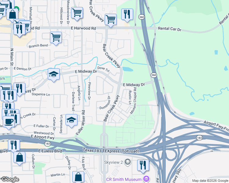 map of restaurants, bars, coffee shops, grocery stores, and more near 602 Satinwood Lane in Euless