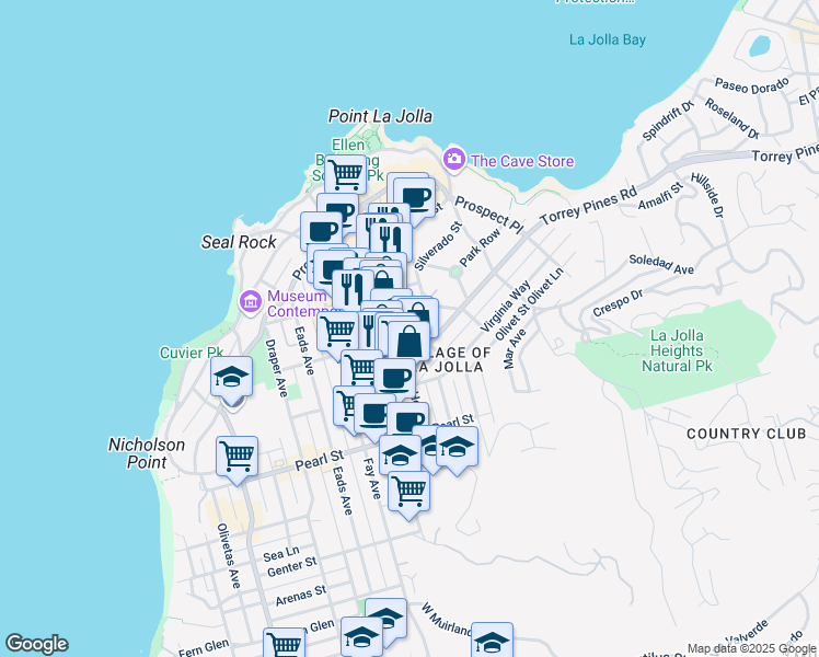 map of restaurants, bars, coffee shops, grocery stores, and more near 1111 Torrey Pines Road in San Diego