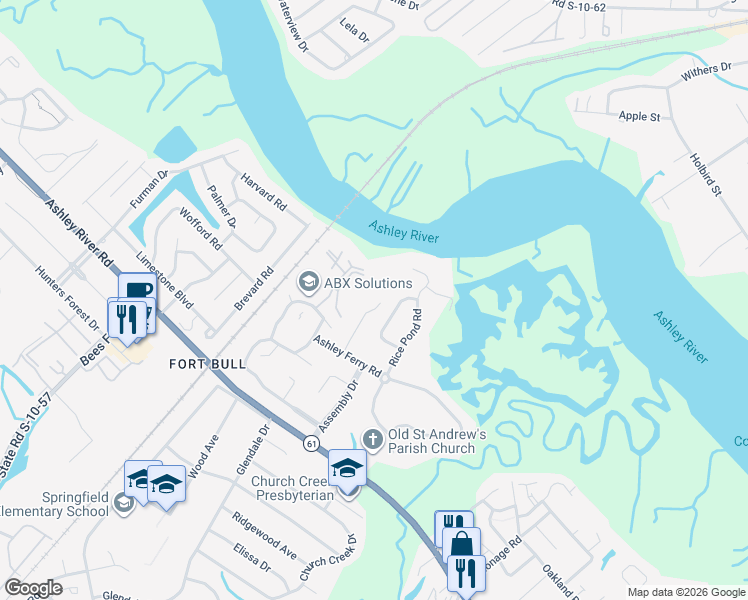 map of restaurants, bars, coffee shops, grocery stores, and more near 2330 Fidling Road in Charleston